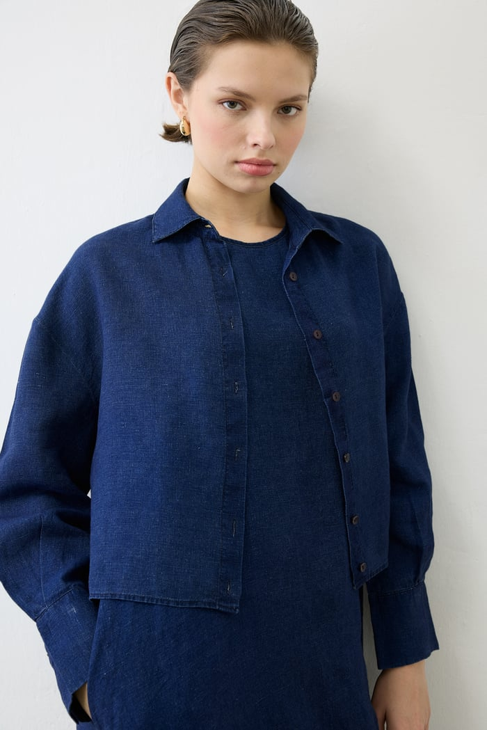 Denim Efektli Keten Kolsuz Elbise Gömlek Takım Terzi Dükkani İkincil görsel