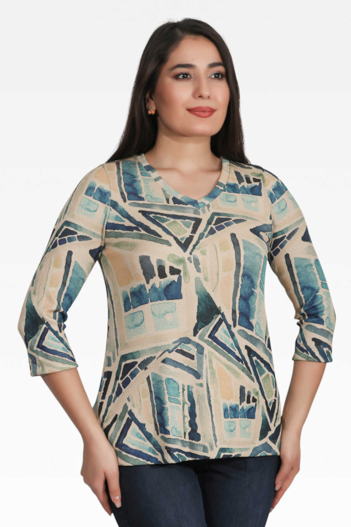 Tolga Saraçoğlu Minimalist 3/4 Kol V Yaka Kadın Bluz - Geometrik Desen Translation missing: ar.content.product_image_main