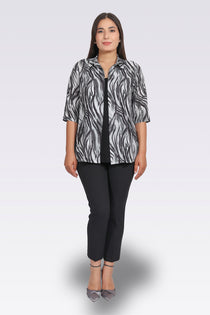 Tolga Saraçoğlu Kadın Bluz - Minimalist Zebra Desenli 3/4 Kol Oversize