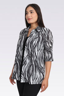 Tolga Saraçoğlu Kadın Bluz - Minimalist Zebra Desenli 3/4 Kol Oversize