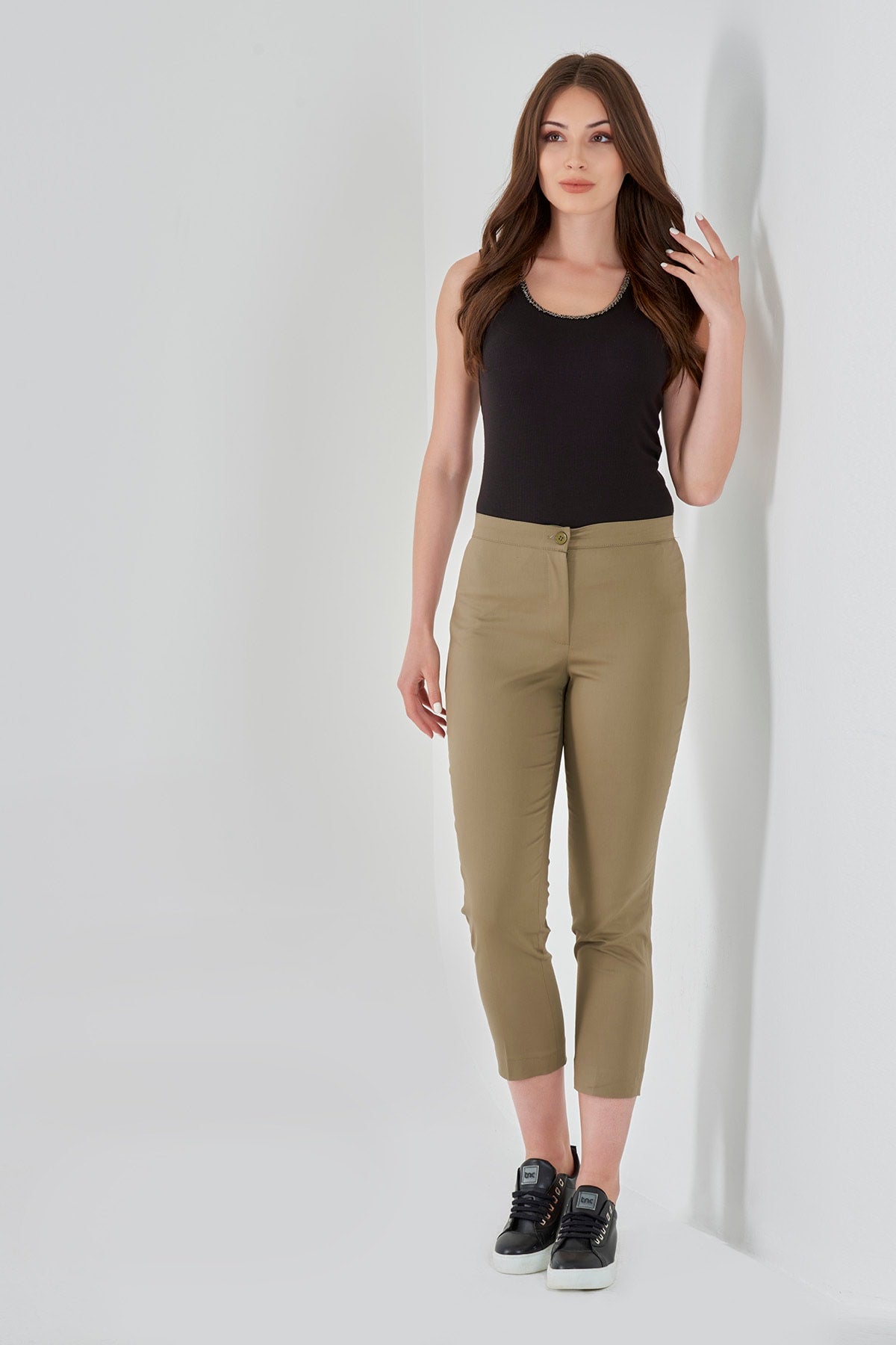 Tolga Saraçoğlu Minimalist Crop Kadın Pantolon - Yüksek Bel, Günlük Stil