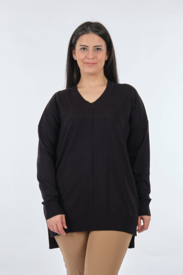 Vedi Kadın V Yaka Oversize Midi Triko - Rahat ve Şık