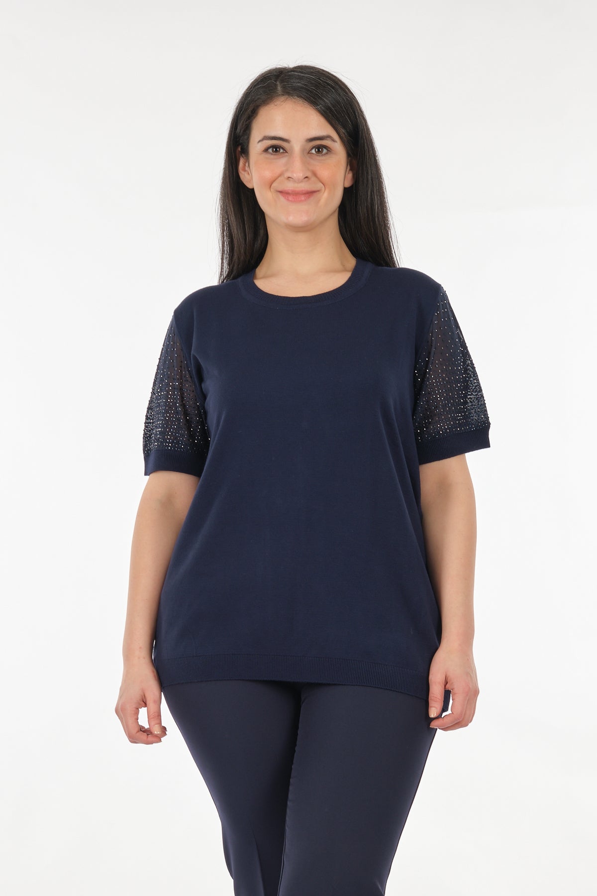 Vedi-bb Oversize Kısa Kol Taş Detaylı Minimalist Kadın Triko Translation missing: ar.content.product_image_main