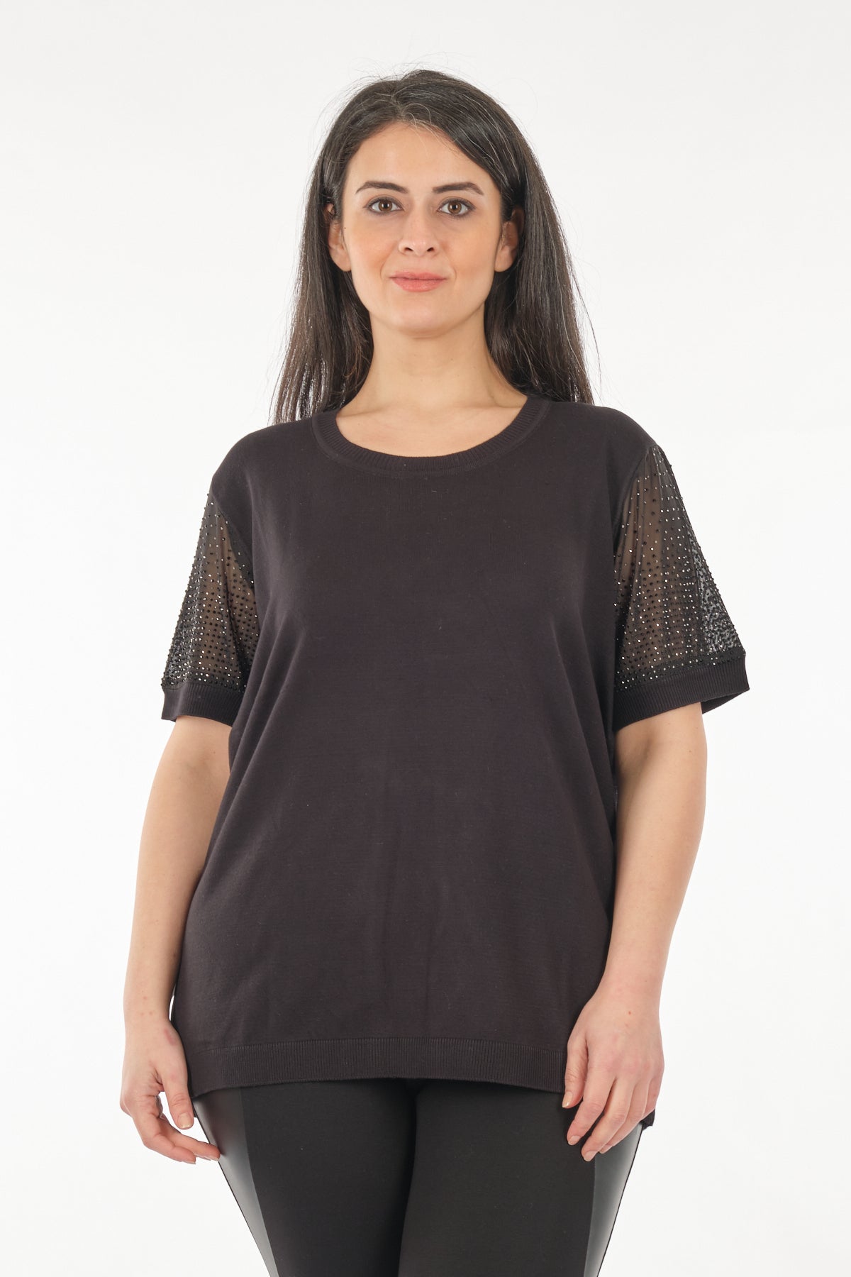 Vedi-bb Oversize Kısa Kol Taş Detaylı Minimalist Kadın Triko Translation missing: ar.content.product_image_secondary