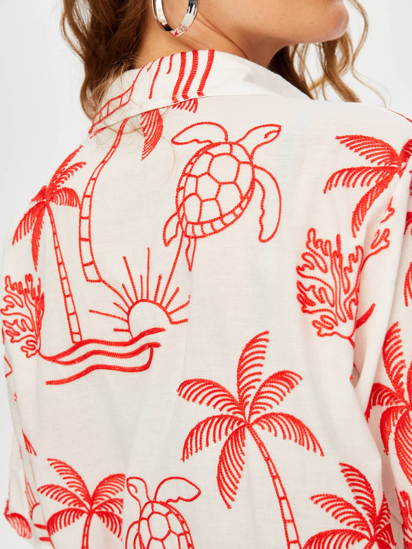 Tropik Brode Nakışlı Kısa Kol Pamuk Vual Gömlek Faik Sönmez