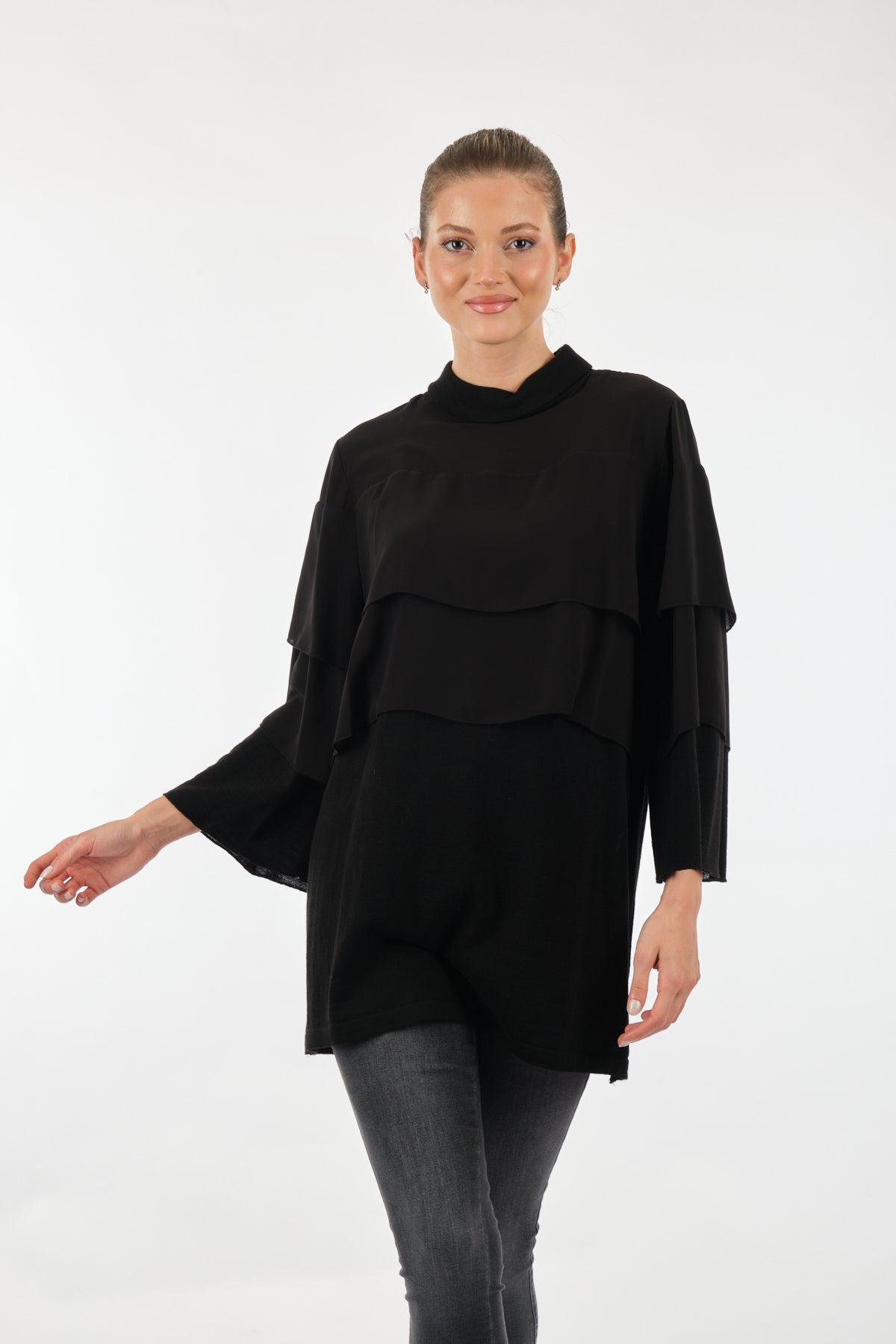 Twomail Katlı Detaylı Şifon Tunik - Oversize Midi Günlük Kadın