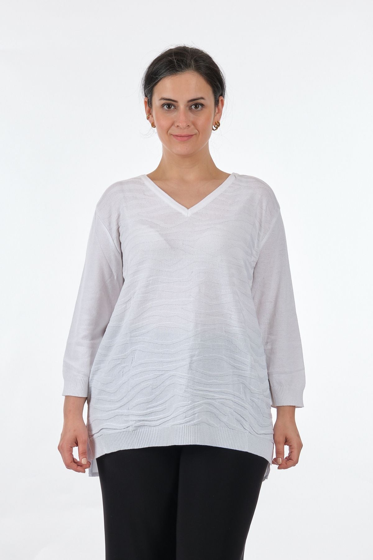 Twomail V Yaka Oversize Minimalist Kadın Bluz - 3/4 Kol - Günlük Translation missing: tr.content.product_image_main