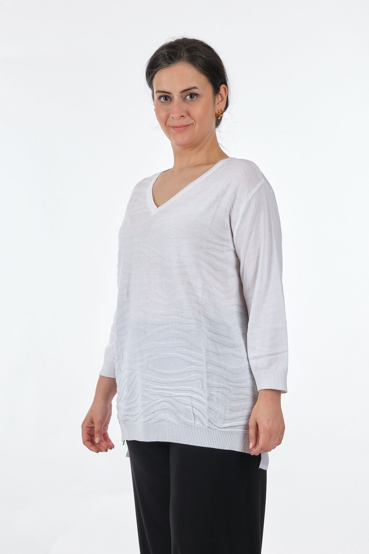Twomail V Yaka Oversize Minimalist Kadın Bluz - 3/4 Kol - Günlük Translation missing: tr.content.product_image_secondary