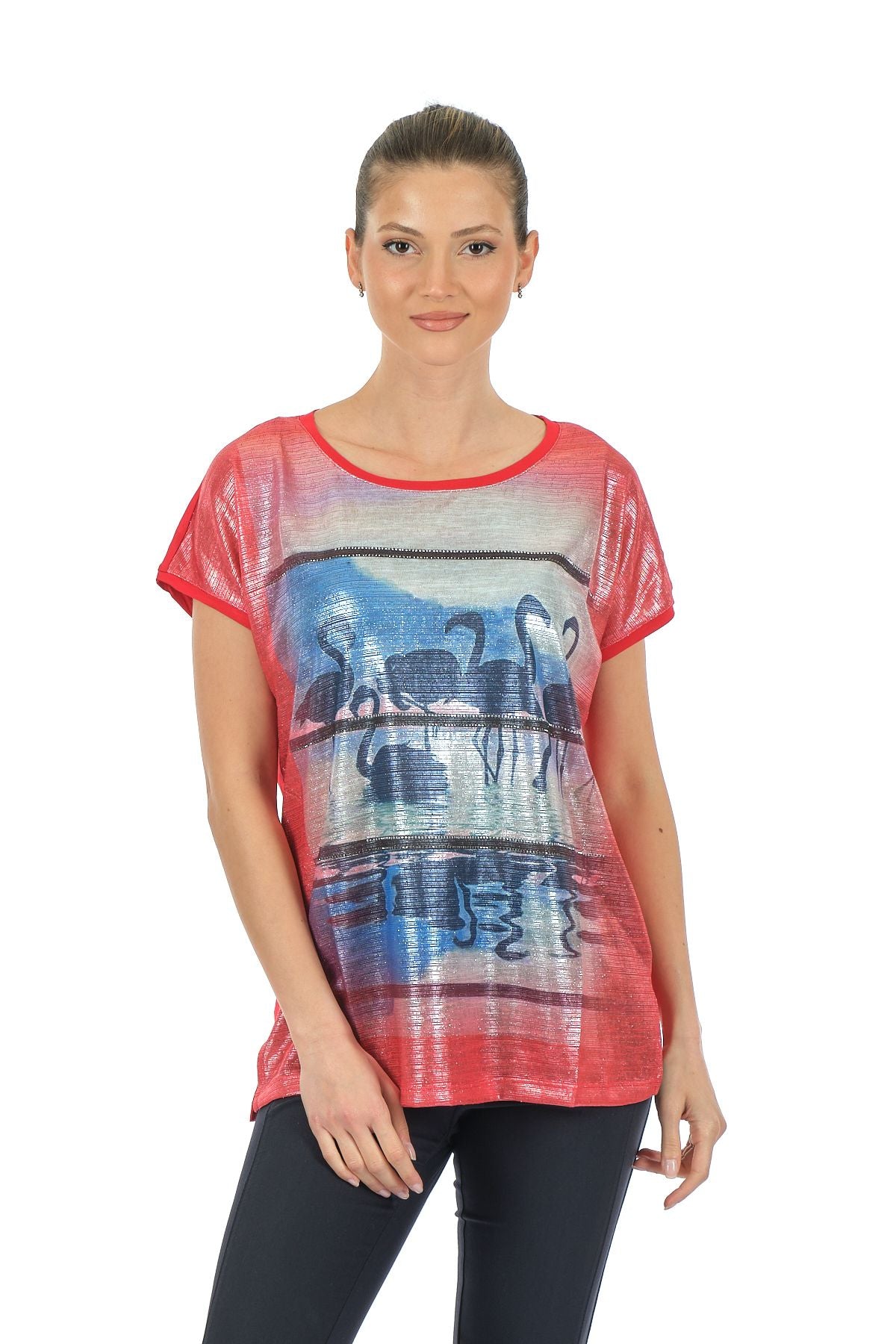 Twomail Oversize Flamingo Desenli Kadın T-Shirt - Kısa Kol Rahat Günlük