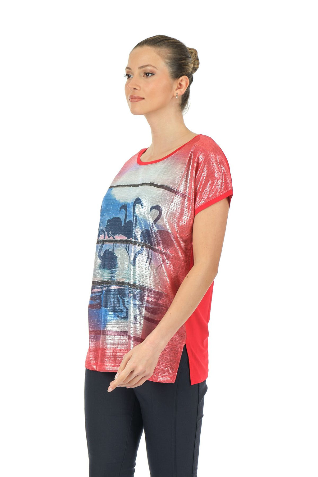 Twomail Oversize Flamingo Desenli Kadın T-Shirt - Kısa Kol Rahat Günlük