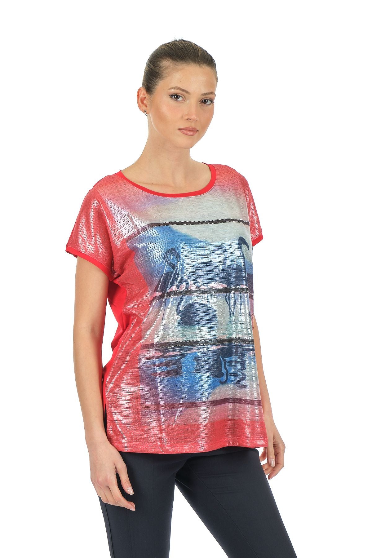 Twomail Oversize Flamingo Desenli Kadın T-Shirt - Kısa Kol Rahat Günlük