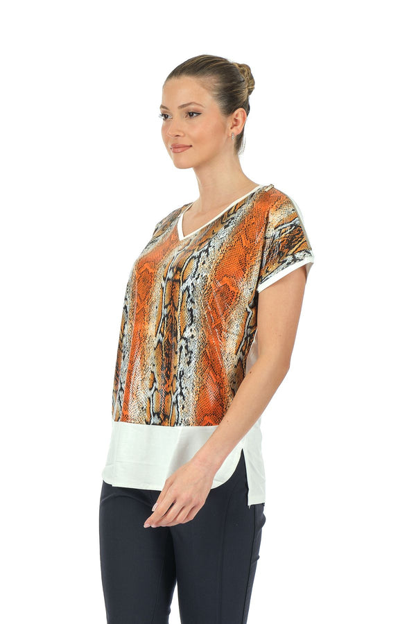 Twomail Oversize V Yaka Yılan Desenli Kadın T-Shirt - Kısa Kol