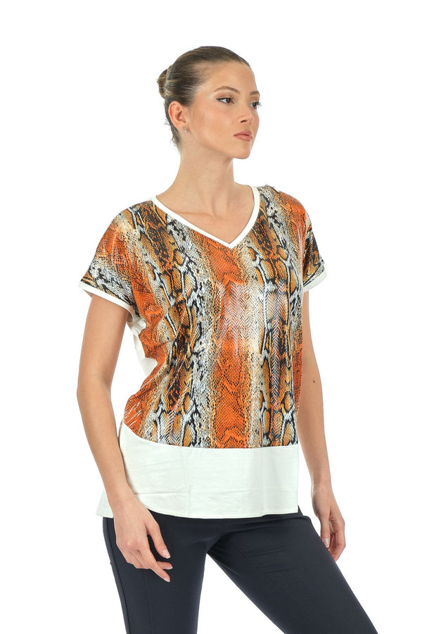 Twomail Oversize V Yaka Yılan Desenli Kadın T-Shirt - Kısa Kol