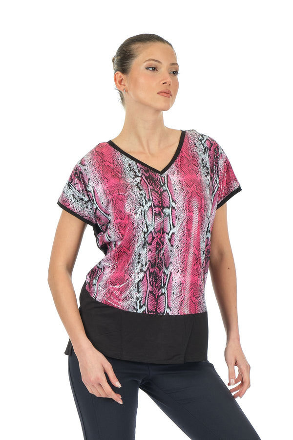 Twomail Oversize V Yaka Yılan Desenli Kadın T-Shirt - Kısa Kol