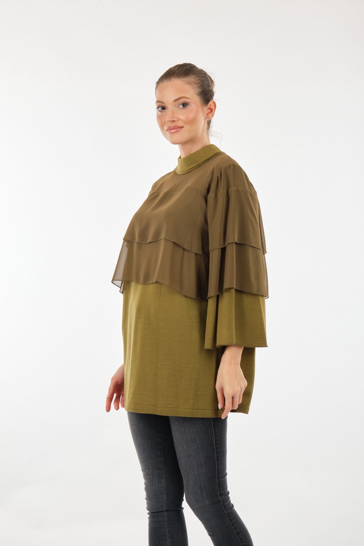 Twomail Katlı Detaylı Şifon Tunik - Oversize Midi Günlük Kadın