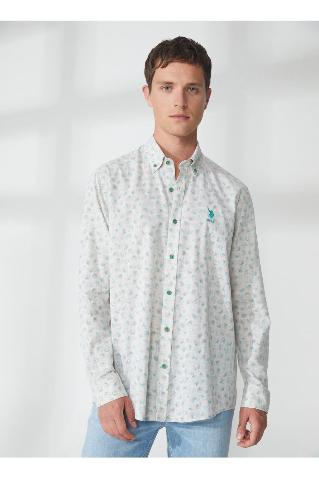U.S. Polo Assn. Erkek Uzun Kol Geometrik Desen Gömlek - Minimalist Stil