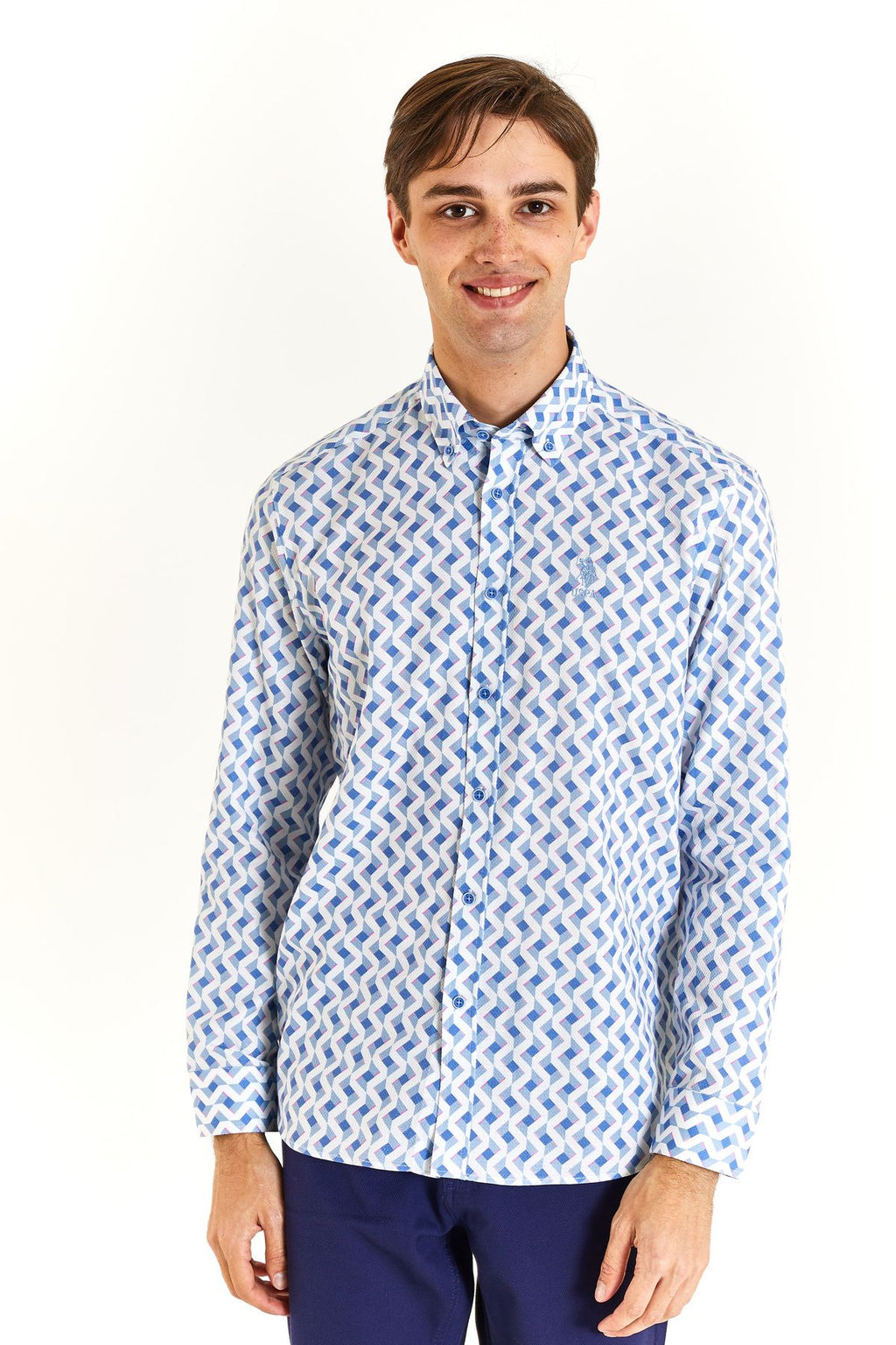 U.S. Polo Assn. Geometrik Desen Uzun Kol Erkek Gömlek - Minimalist
