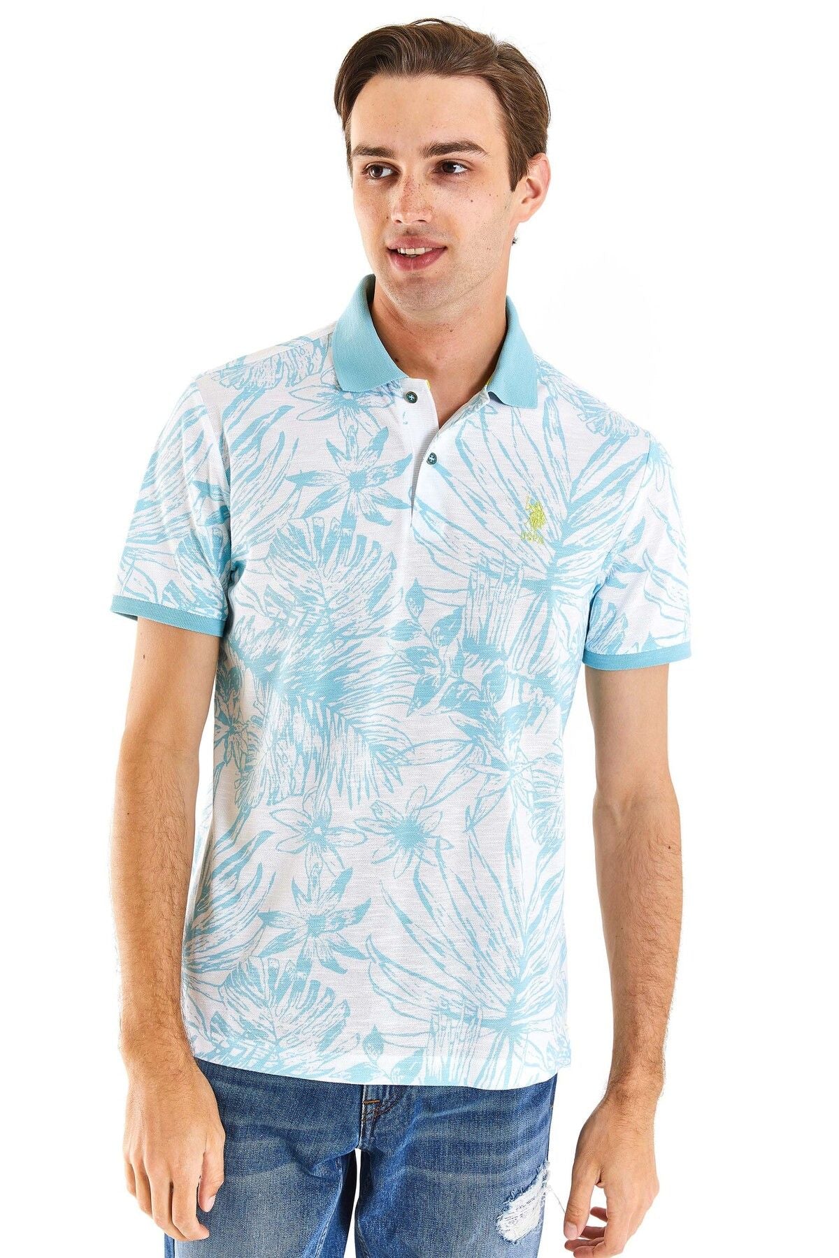U.S. Polo Assn. Erkek Kısa Kol Polo Yaka Minimalist Tropikal Desen Tişört Translation missing: ar.content.product_image_main