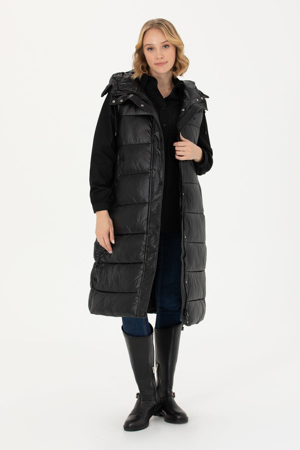U.S. Polo Assn. Kapüşonlu Oversize Midi Kadın Yelek - Kışlık