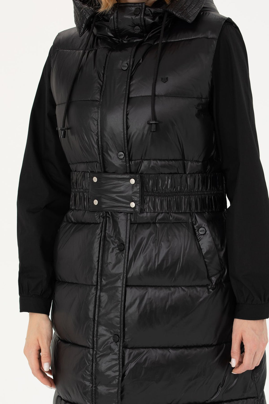 U.S. Polo Assn. Kapüşonlu Oversize Midi Kadın Yelek - Kışlık