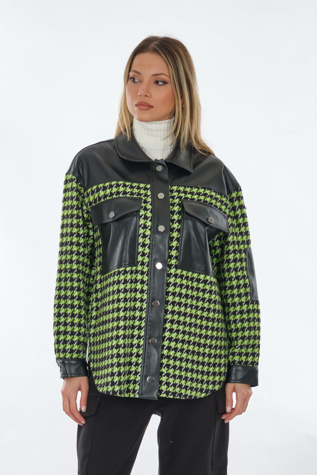 Unique Mode Oversize Gömlek Yaka Kazayağı Desenli Kadın Ceket - Trend