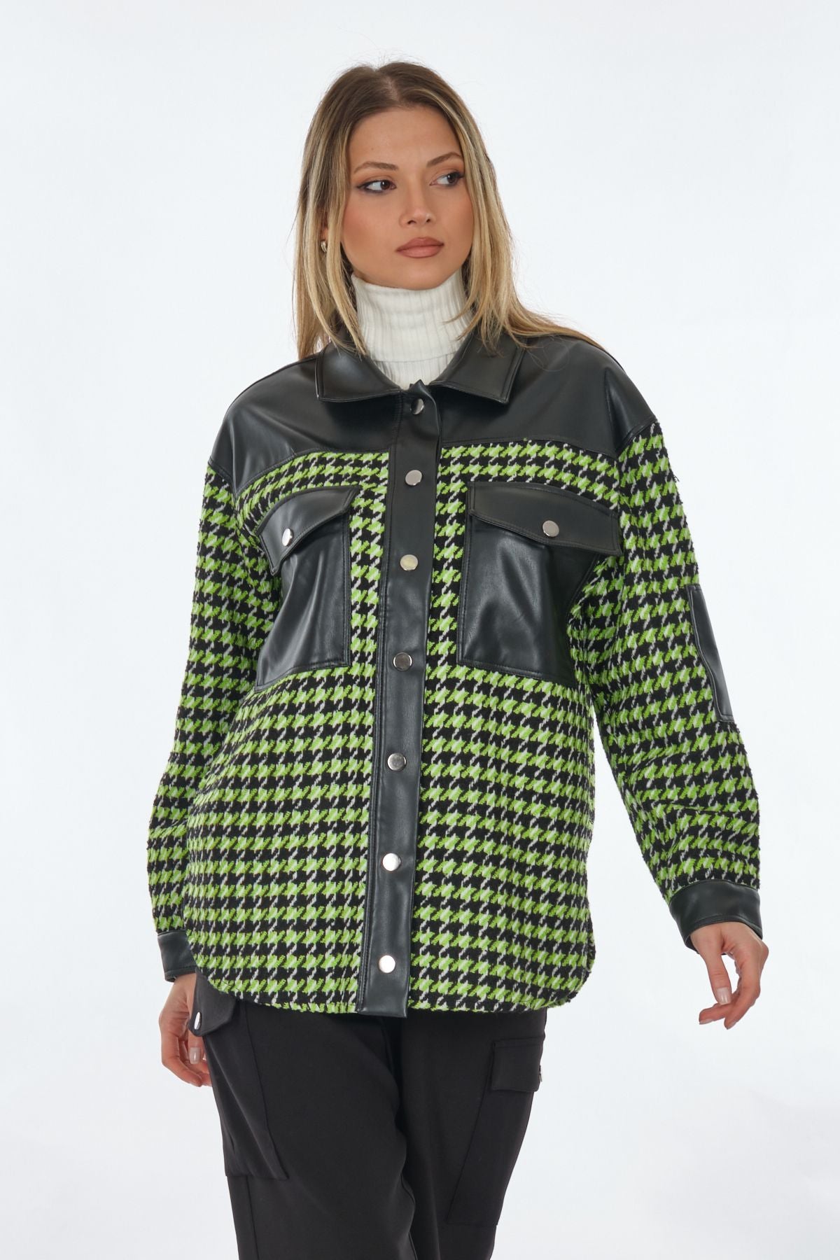 Unique Mode Oversize Gömlek Yaka Kazayağı Desenli Kadın Ceket - Trend