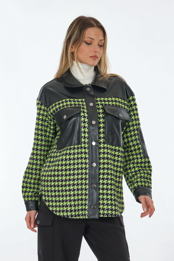 Unique Mode Oversize Gömlek Yaka Kazayağı Desenli Kadın Ceket - Trend