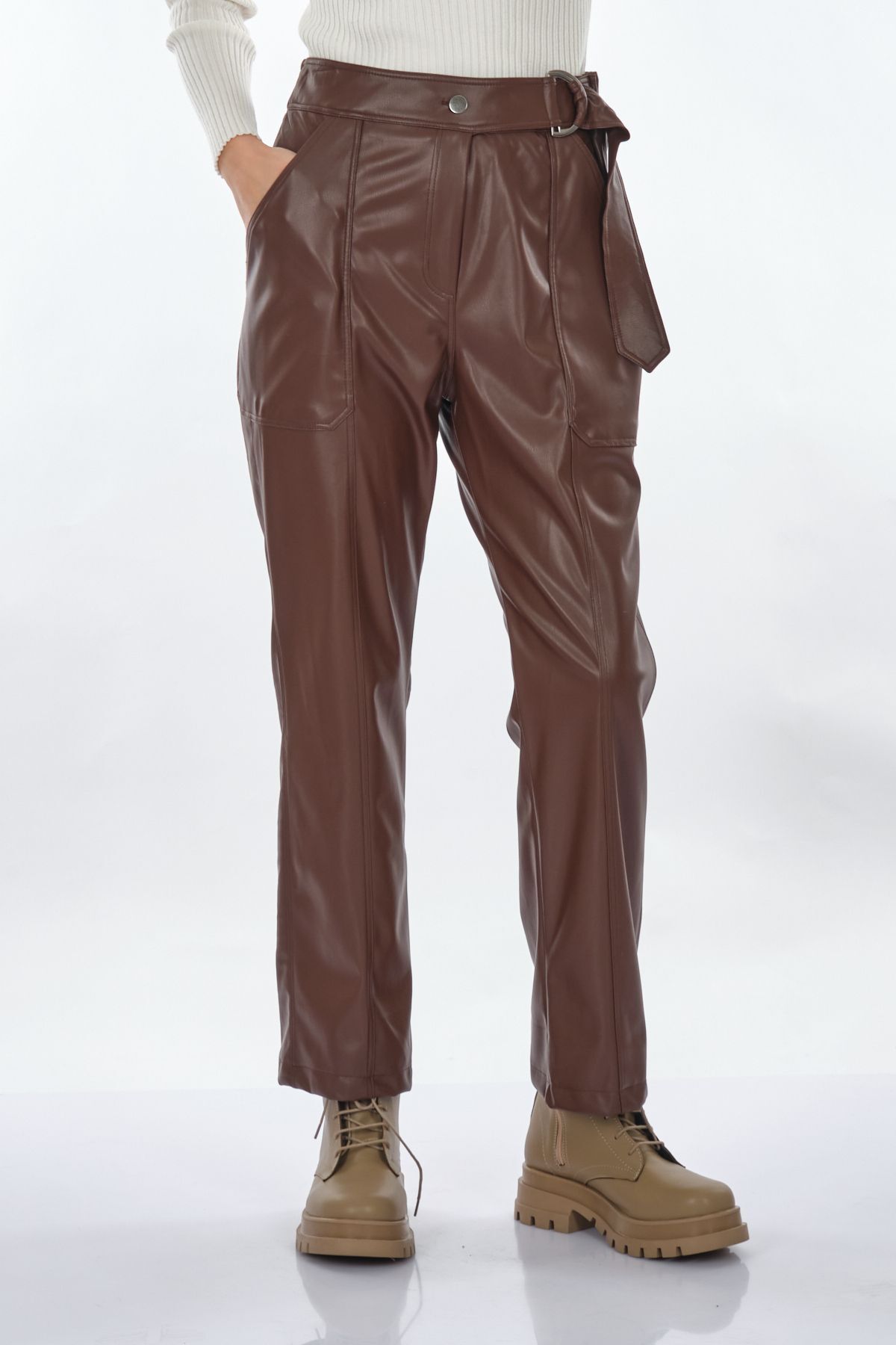 Unique Mode Kadın Deri Look Midi Pantolon - Yüksek Bel Kemerli
