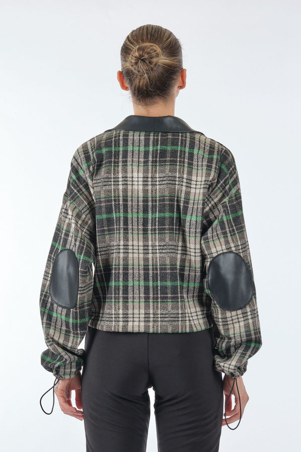 Unique Mode Oversize Crop Ekose Gömlek - Deri Detaylı - Minimalist