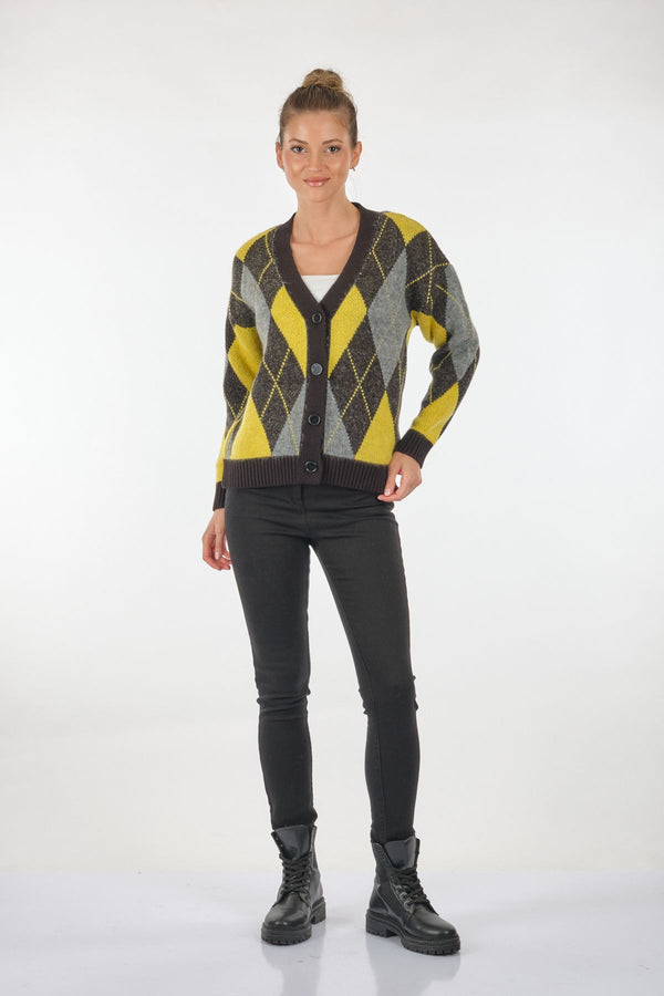 Unique Mode V Yaka Oversize Geometrik Desenli Kadın Hırka