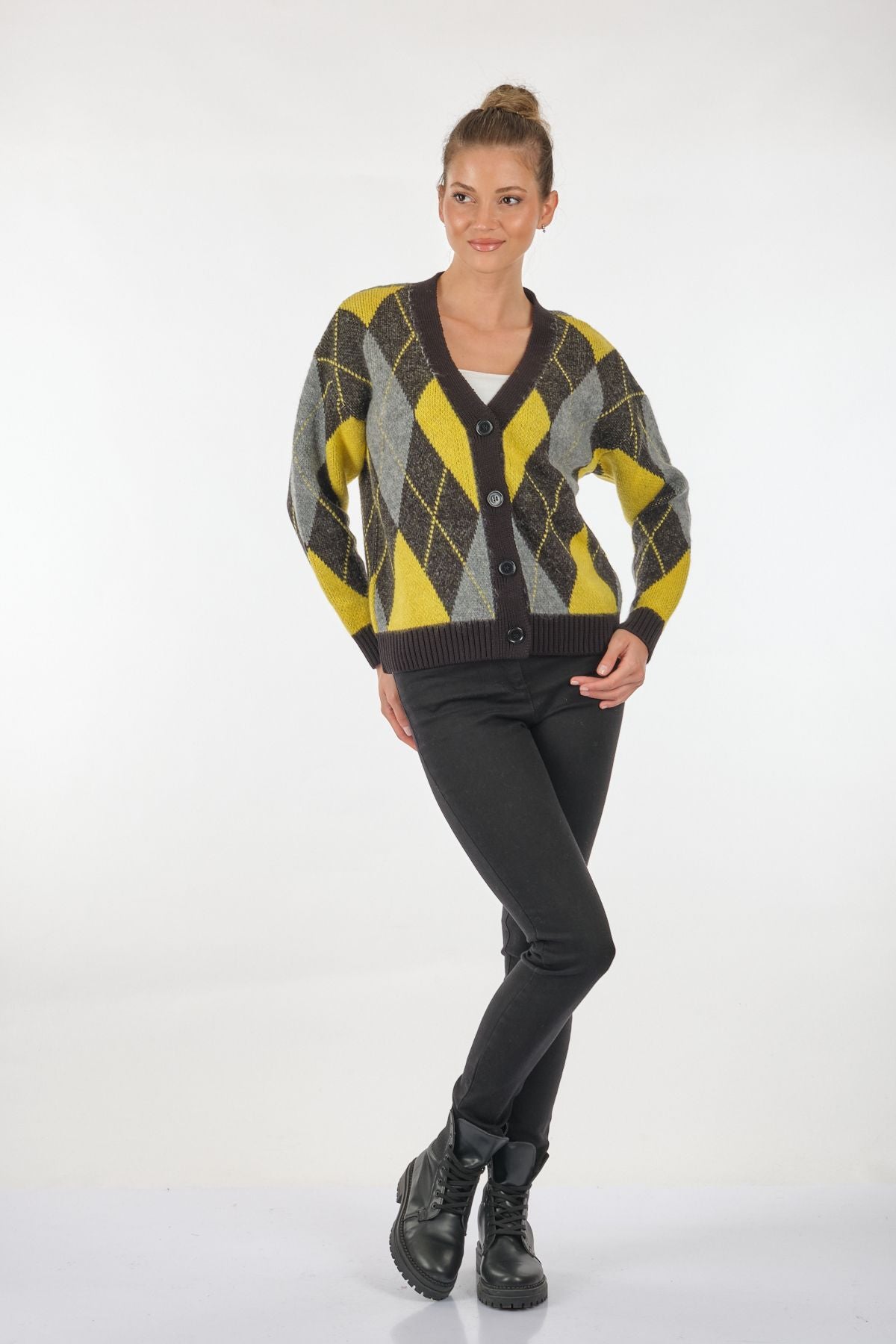 Unique Mode V Yaka Oversize Geometrik Desenli Kadın Hırka