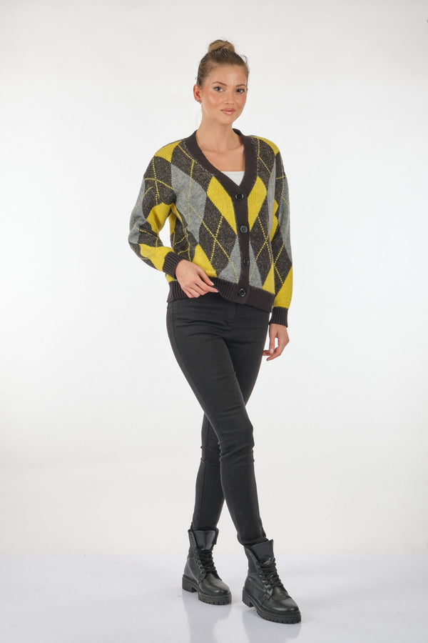 Unique Mode V Yaka Oversize Geometrik Desenli Kadın Hırka