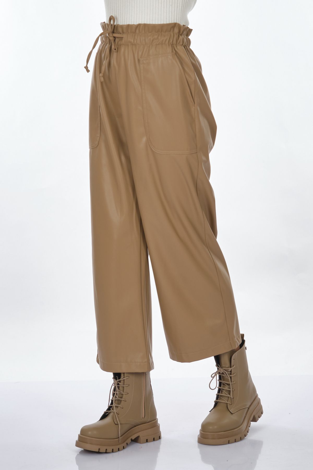 Unique Mode Deri Look Yüksek Bel Midi Crop Pantolon - Günlük Şıklık