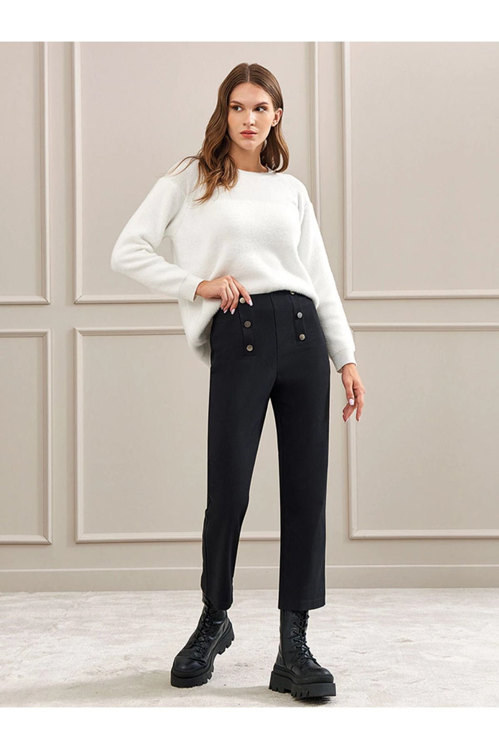 Unique Mode Minimalist Yüksek Bel Midi Pantolon - Düğme Detay