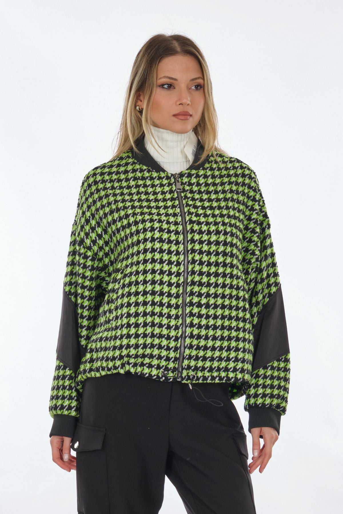 Unique Mode Oversize Houndstooth Desenli Fermuarlı Kadın Ceket - Günlük Şıklık Translation missing: ar.content.product_image_secondary