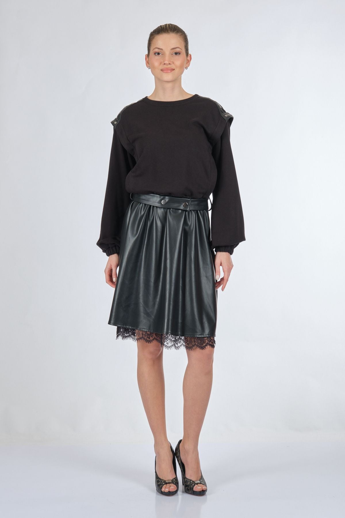 Unique Mode Oversize Midi Günlük Deri Elbise - Dantel Detay