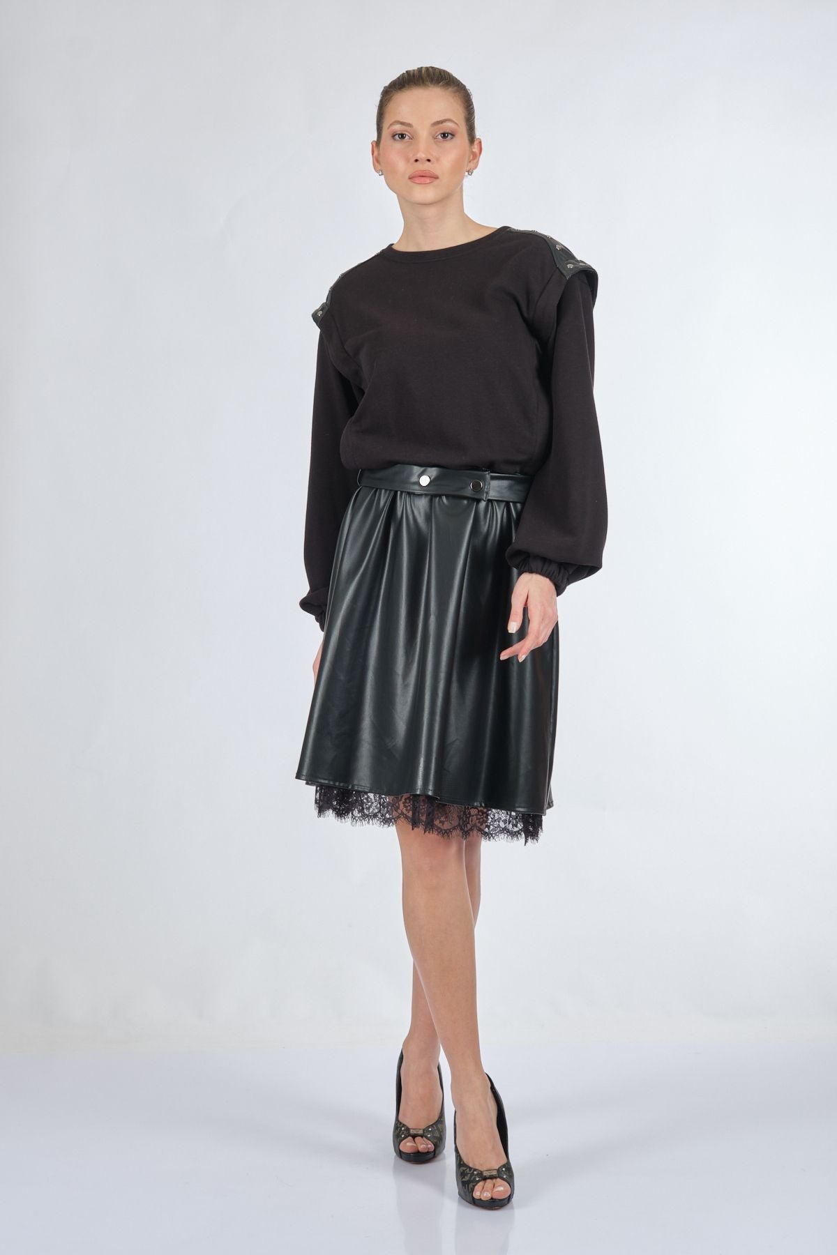 Unique Mode Oversize Midi Günlük Deri Elbise - Dantel Detay