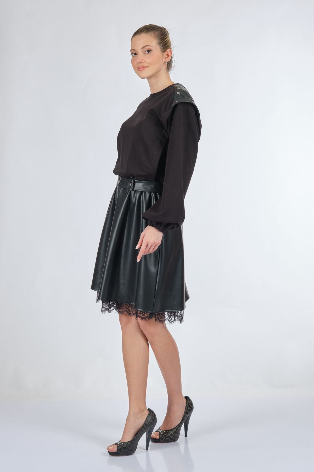 Unique Mode Oversize Midi Günlük Deri Elbise - Dantel Detay