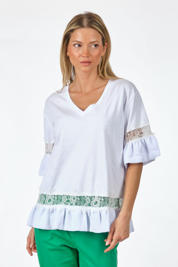 Unique Mode Oversize V Yaka Dantelli Kadın T-Shirt - Günlük Stil