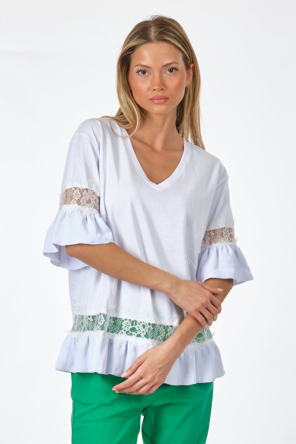 Unique Mode Oversize V Yaka Dantelli Kadın T-Shirt - Günlük Stil