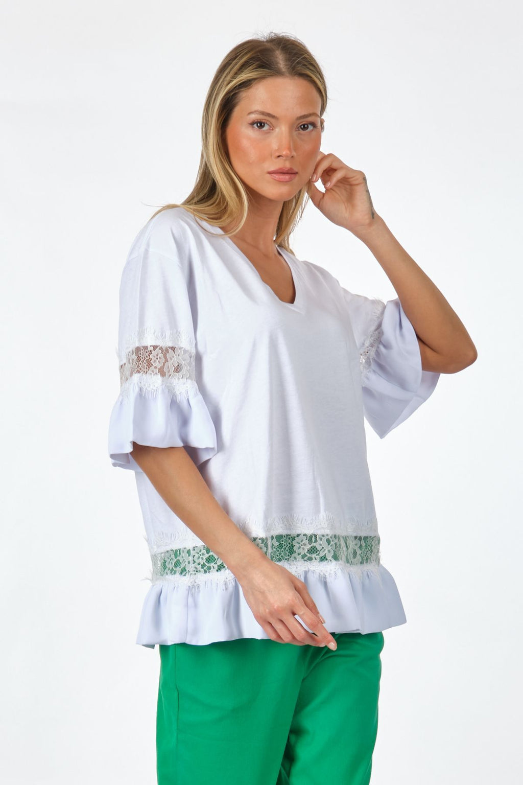 Unique Mode Oversize V Yaka Dantelli Kadın T-Shirt - Günlük Stil