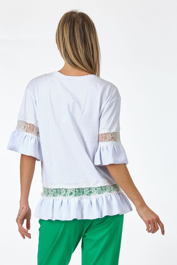 Unique Mode Oversize V Yaka Dantelli Kadın T-Shirt - Günlük Stil