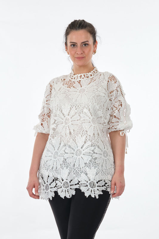 Vedi-bb Dantel Detaylı Oversize Midi Kadın Bluz - Günlük & Özel Gün