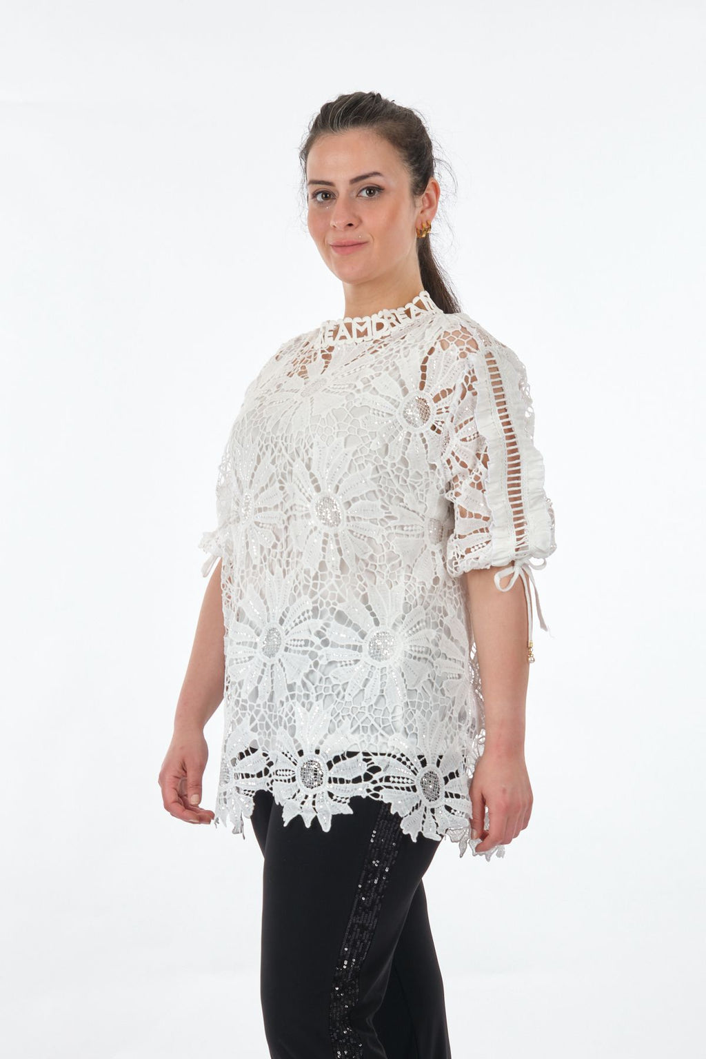 Vedi-bb Dantel Detaylı Oversize Midi Kadın Bluz - Günlük & Özel Gün