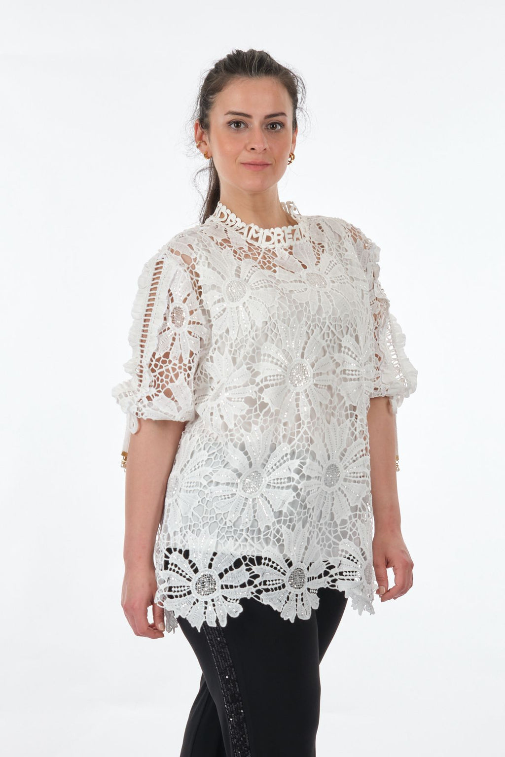 Vedi-bb Dantel Detaylı Oversize Midi Kadın Bluz - Günlük & Özel Gün