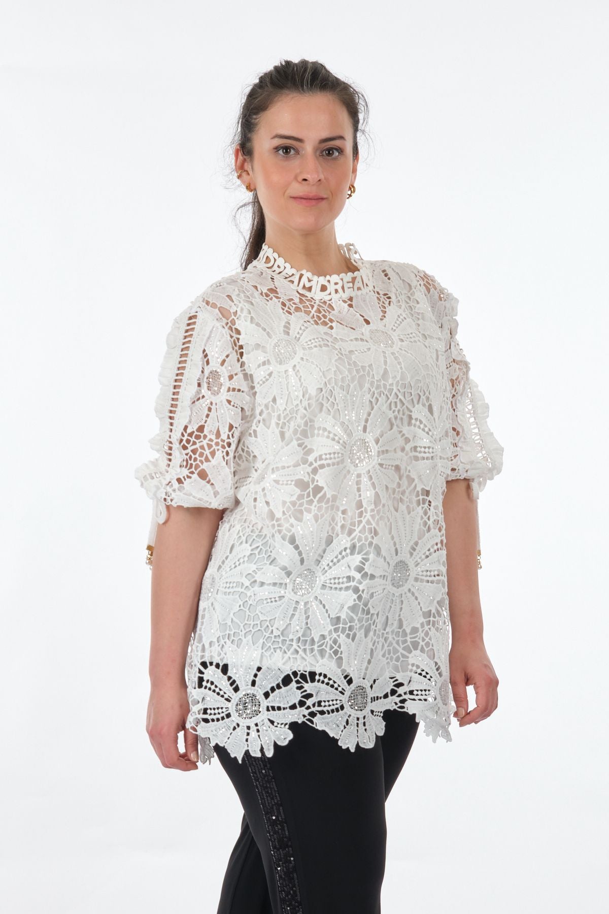 Vedi-bb Dantel Detaylı Oversize Midi Kadın Bluz - Günlük & Özel Gün