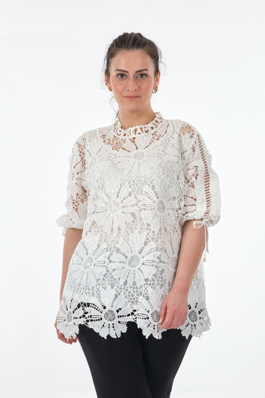 Vedi-bb Dantel Detaylı Oversize Midi Kadın Bluz - Günlük & Özel Gün