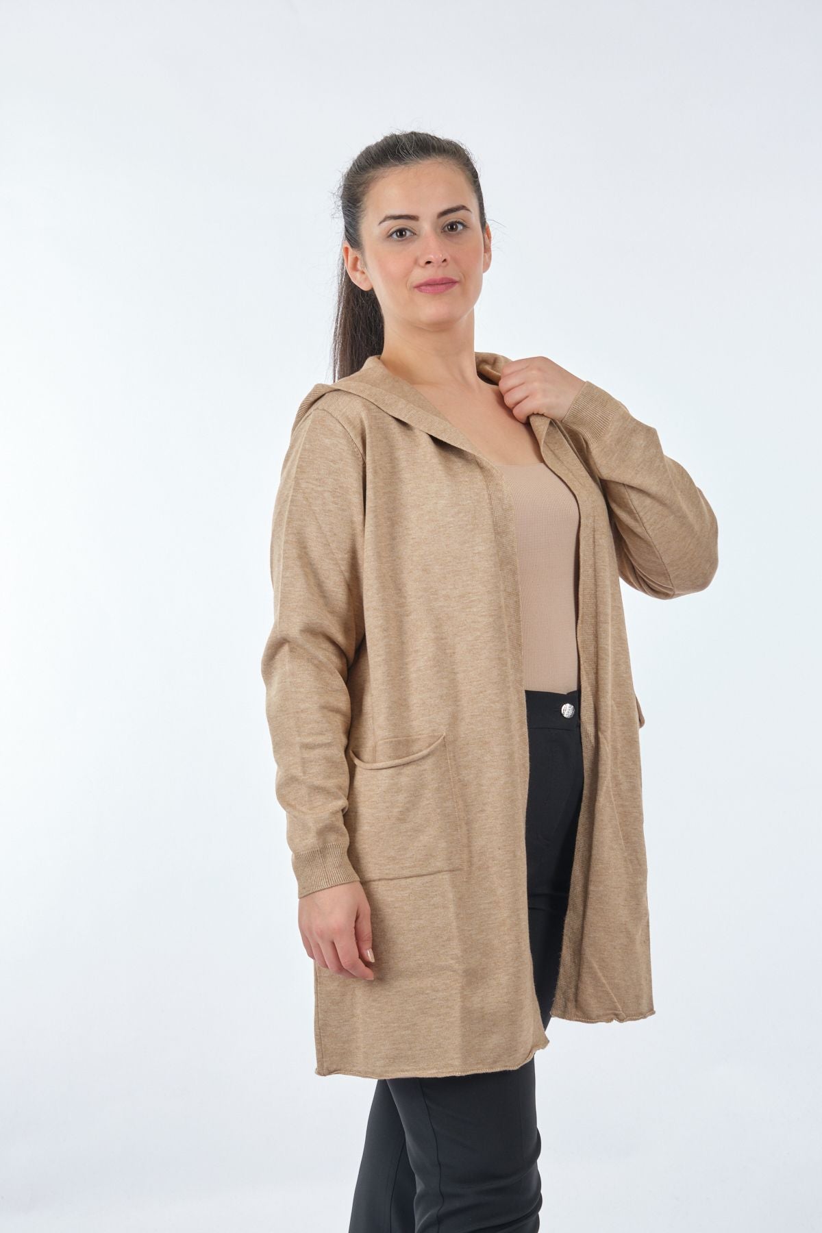 Vedi-bb Minimalist Oversize Kapüşonlu Midi Kadın Ceket