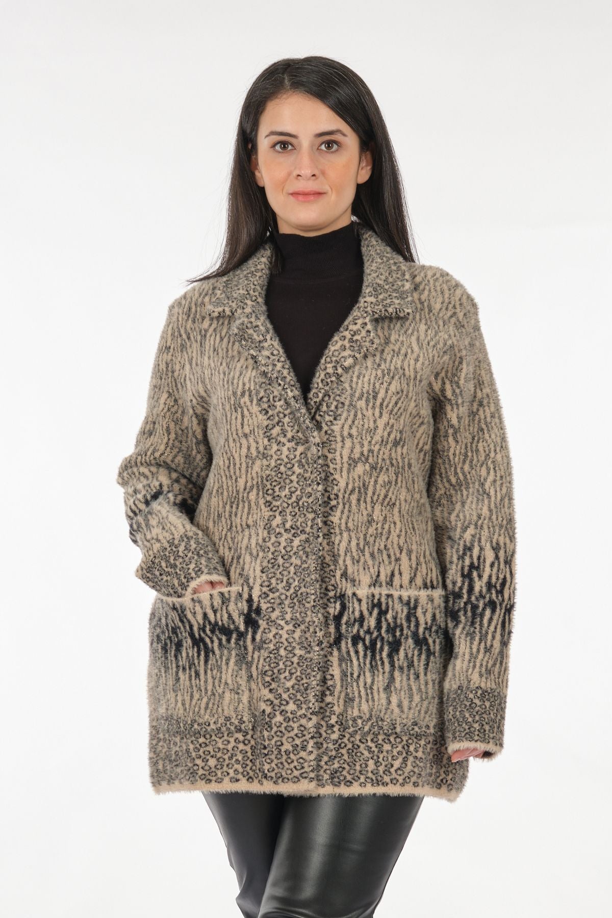 Vedi-bb Oversize Leopar Desenli Midi Kadın Ceket - Günlük Şıklık Translation missing: tr.content.product_image_main