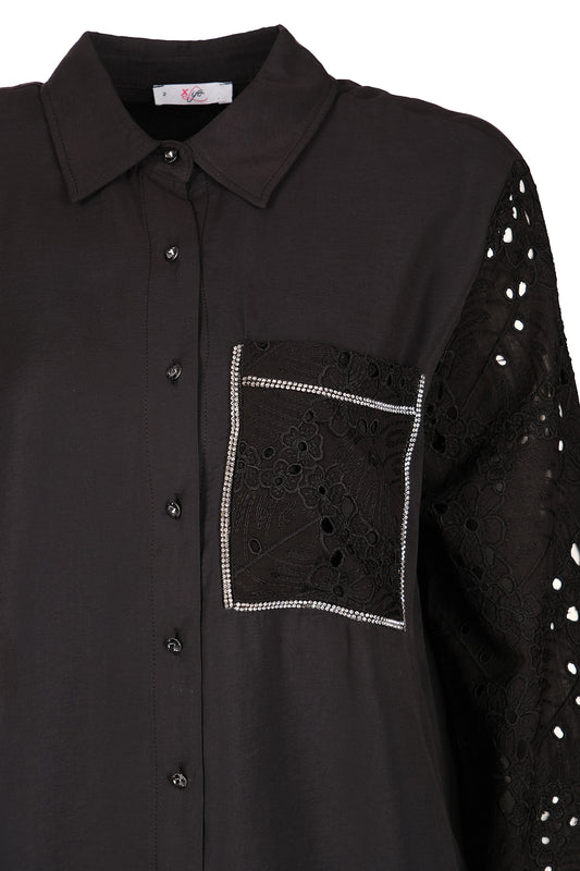 Vedi-bb Oversize Dantel Detaylı Uzun Kol Kadın Gömlek - Minimalist Stil